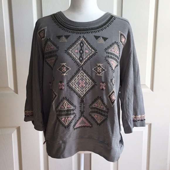 Sonoma Tops - Green Embroidered Geometric Boho Slub Knit L Top 3/4 Sleeve Crew Neck Pullover